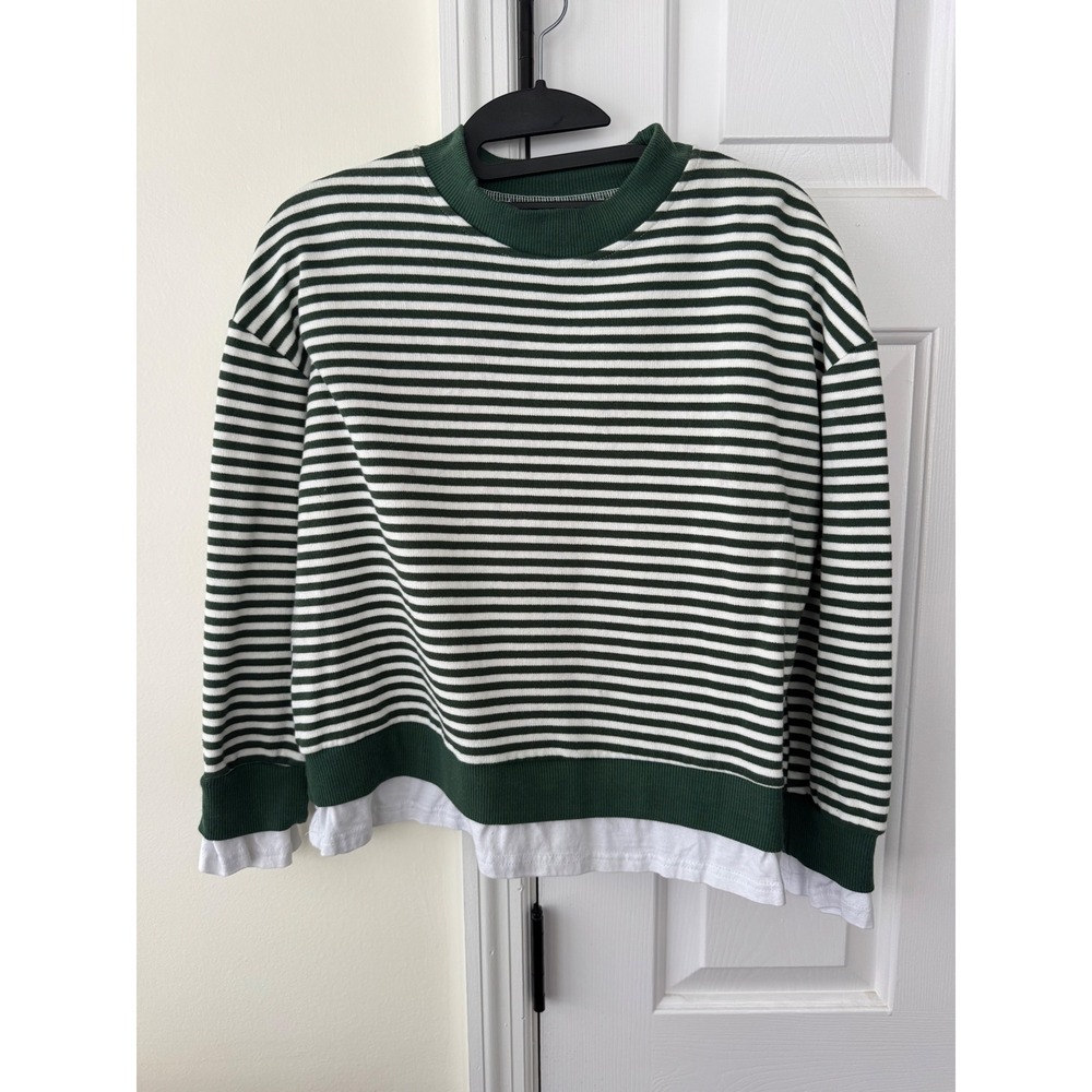 Cali Be Striped Long Sleeve Mock Neck‎ Layered Look Top XS Green White